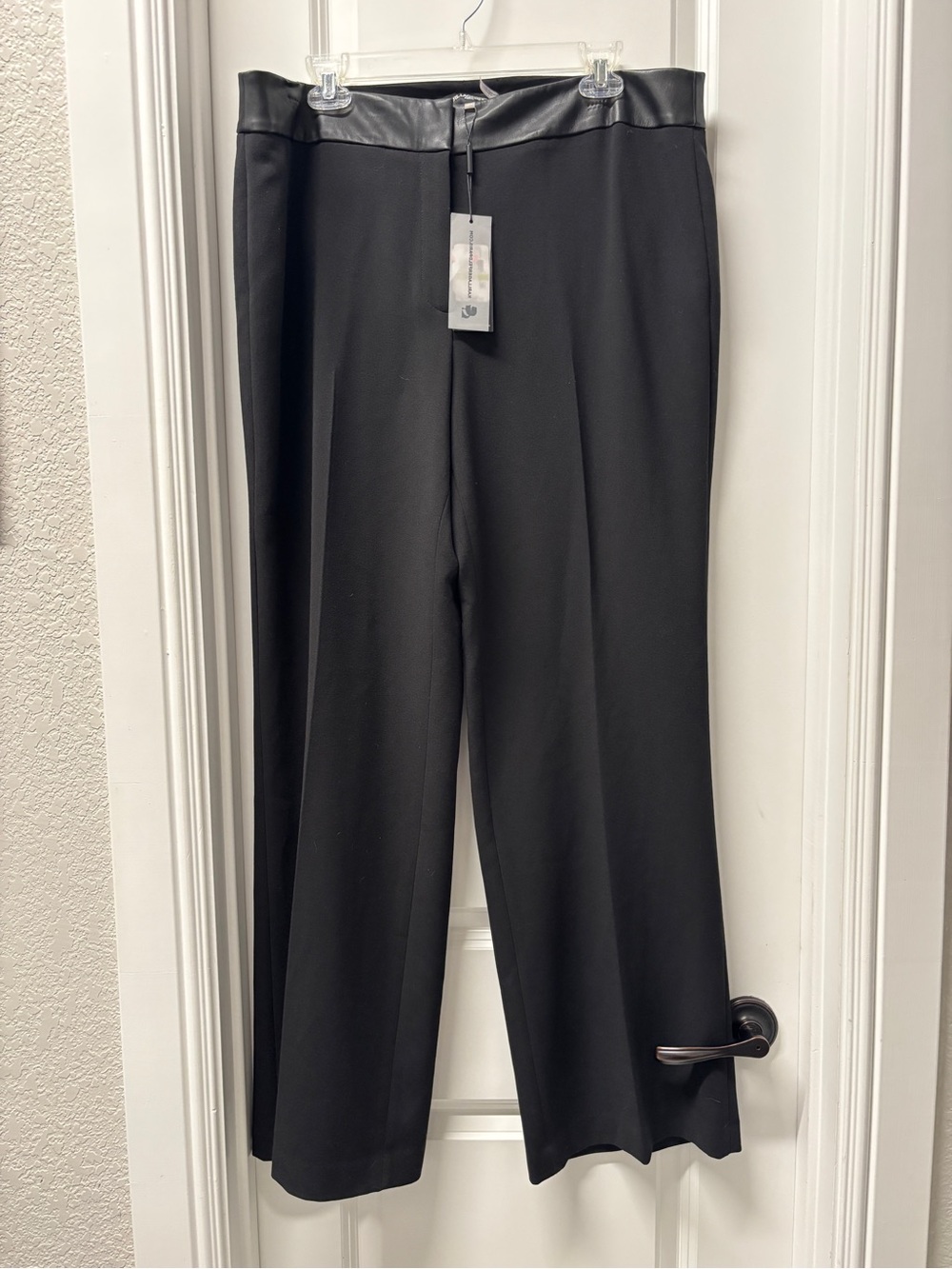 Karl Lagerfeld Black Wide-Leg Pants with Faux Leather Waistband- Size 14